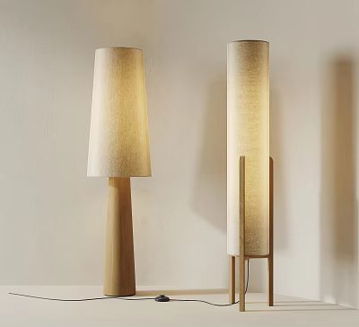 Minimalist Floor Lamps With Wooden Bases And Fabric Shades In Neutral Tones 3d model