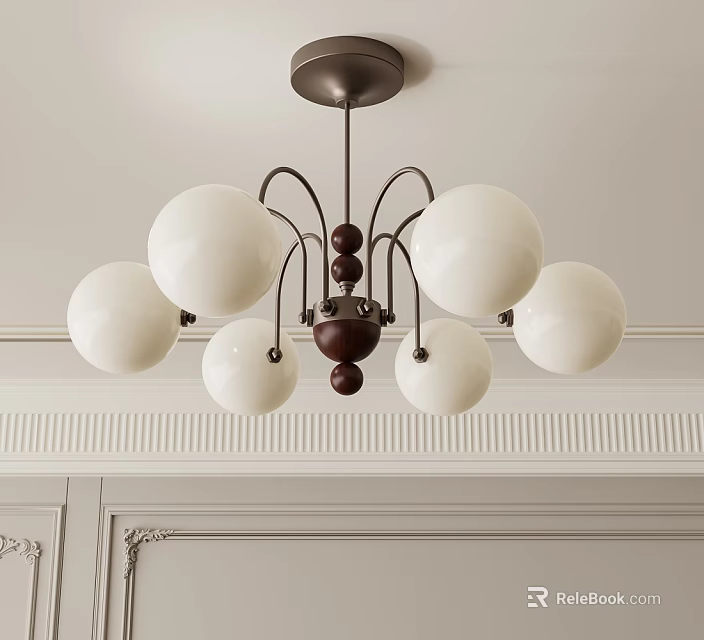 Elegant Chandelier Featuring White Spherical Shades And Dark Brown Balls On Light Wall With Moldings 3d model 