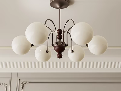 Elegant Chandelier Featuring White Spherical Shades And Dark Brown Balls On Light Wall With Moldings 3d model