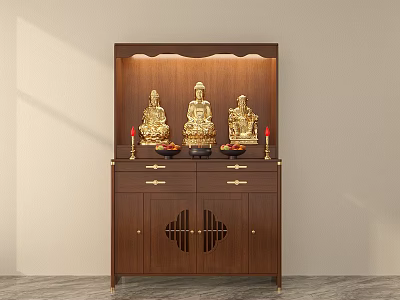Dark Brown Buddhist Shrine Cabinet With Golden Buddha Statues Red Candles And Carved Patterns 3d model