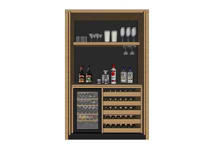 Stylish Wooden Wine Cabinet With Glass Storage Wine Bottles And Cooler Compartment 3d model