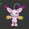 Cute White 3D Cartoon Character With Long Ears Purple Decorations Yellow Antenna And Blue Eyes
