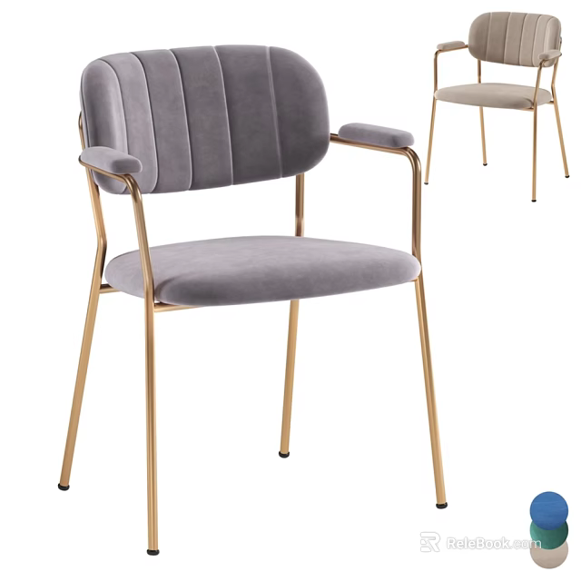 Modern Single Chair With Gray Velvet Seat Armrests And Golden Metal Legs 3d model 
