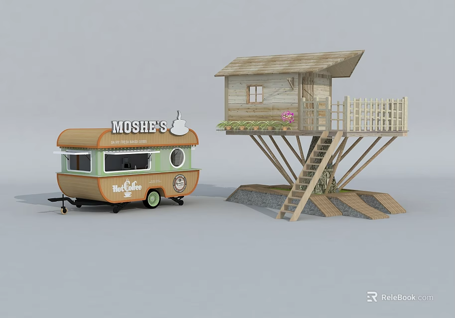MOSHE'S Mobile Food Cart And Elevated Wooden Cabin With Staircase Balcony And Flower Pot 3d model 