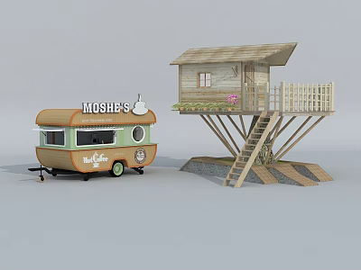 MOSHE'S Mobile Food Cart And Elevated Wooden Cabin With Staircase Balcony And Flower Pot 3d model