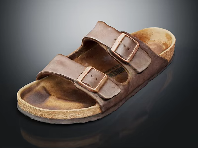 Brown Leather Comfortable Sandals With Double Buckle Straps And Thick Sole 3d model