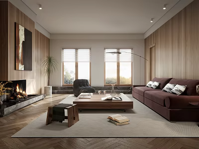 Cozy Living Room Interior With Wooden Walls Fireplace Sofa Floor Lamp And Windows 3d model