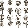 Antique Wooden Spinning Wheels With Various Ornate Traditional Designs And Details
