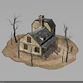 Yellow House Miniature Model With Silver Roof Chimney And Bare Trees