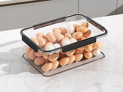Fresh Brown and White Eggs in Clear Plastic Storage Container on Marble Countertop 3d model