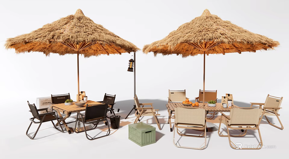 Outdoor Table With Straw Umbrellas Chairs And Lantern In Garden Patio Setup 3d model 