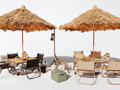 Outdoor Table With Straw Umbrellas Chairs And Lantern In Garden Patio Setup 3d model
