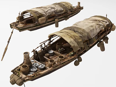 Traditional Wooden Boats With Canvas Covers And Containers 3d model