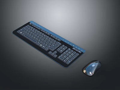 Sleek Full Size Computer Keyboard with Blue Accent and Matching Desktop Mouse 3d model