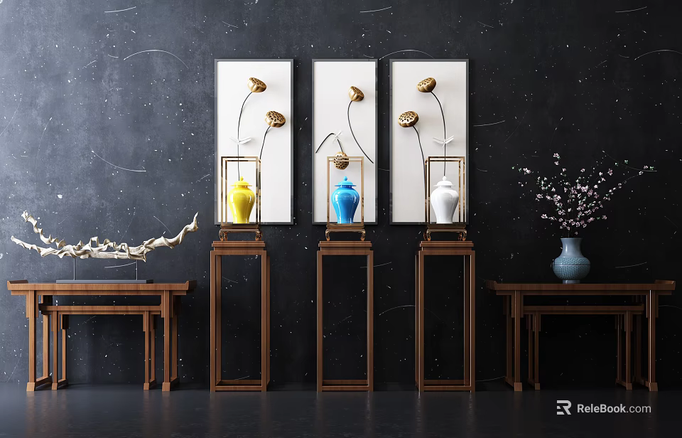 Stylish Console Table Display With Decorative Paintings And Colorful Vases On Wooden Stands 3d model 