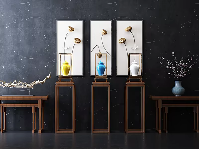Stylish Console Table Display With Decorative Paintings And Colorful Vases On Wooden Stands 3d model