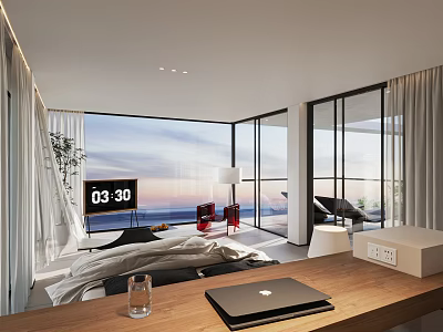 Modern Hotel Room With King Bed Floor To Ceiling Windows Ocean View Desk And Laptop 3d model