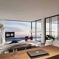 Modern Hotel Room With King Bed Floor To Ceiling Windows Ocean View Desk And Laptop