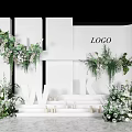 Runway Show Stage With White Structural Backdrop Green Floral Decorations And Steps 3d model