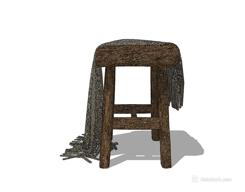 Rustic Wooden Stool With Textured Seat And Draped Fringed Blanket 3d model 