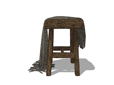Rustic Wooden Stool With Textured Seat And Draped Fringed Blanket 3d model