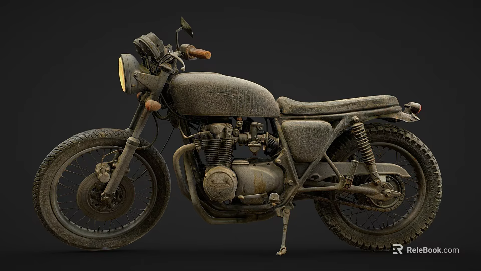 Vintage Motorcycle Weathered Appearance Round Headlight Brown Handlebars Leather Seat Rugged Tires 3d model 