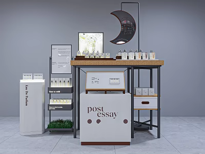 Post Essay Product Display Stand With Crescent Moon Lamp Bottles Jars And White Cabinet 3d model