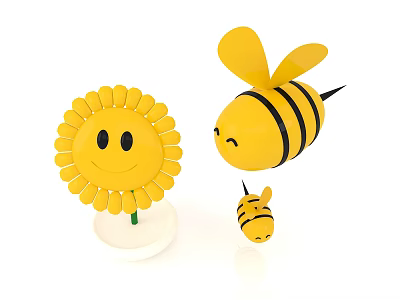 Cartoon Scene With Smiling Sunflower Yellow Bee And Small Bee 3d model