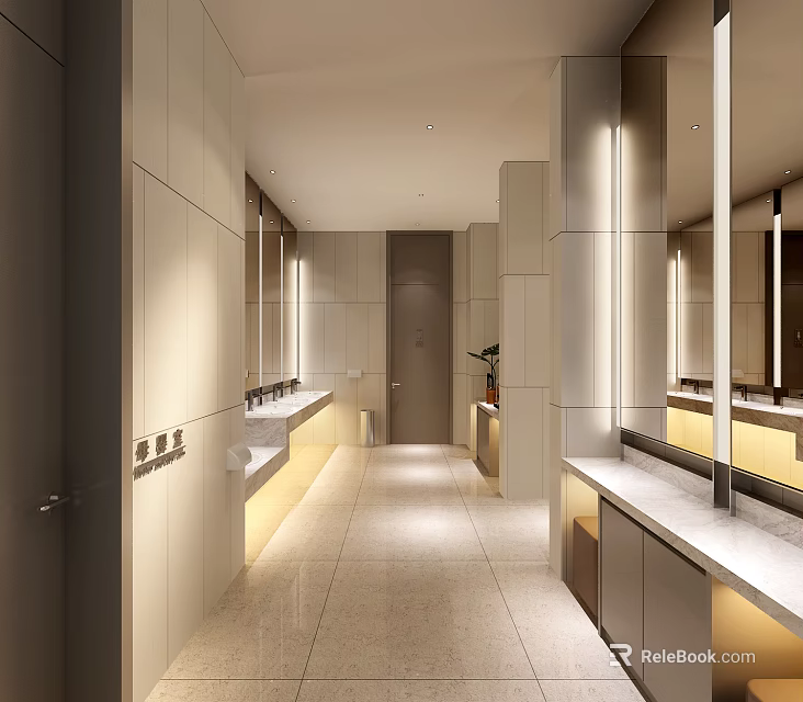 Public Toilet Interior Design With Modern Washbasins Mirrors Lighting And Clean Corridor 3d model 