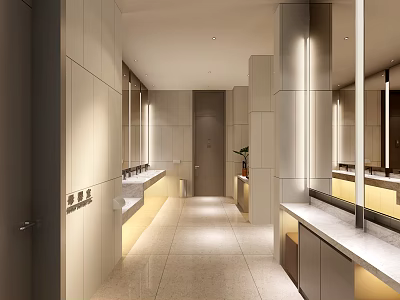 Public Toilet Interior Design With Modern Washbasins Mirrors Lighting And Clean Corridor 3d model