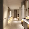 Public Toilet Interior Design With Modern Washbasins Mirrors Lighting And Clean Corridor