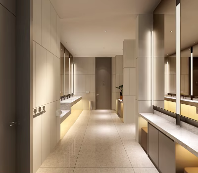 Public Toilet Interior Design With Modern Washbasins Mirrors Lighting And Clean Corridor 3d model