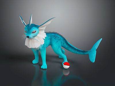 Blue Fantasy Creature With Fox Ears Fish Tail Standing By Red White Ball 3d model