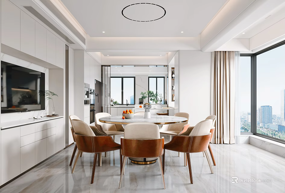 Modern Restaurant Interior With Round Marble Dining Table Leather Chairs And Floor to Ceiling Windows 3d model 