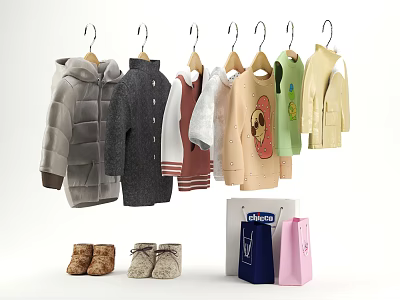 Clothes hanging on hangers with various styles including coats sweaters hoodies shoes and shopping bags 3d model