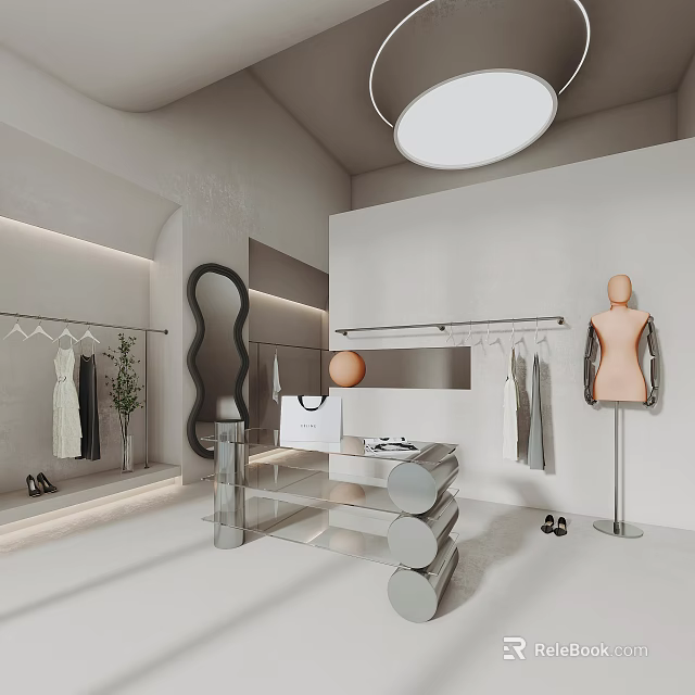 Modern Clothing Store Interior With Clothing Racks Mannequin Mirror And Display Table 3d model 