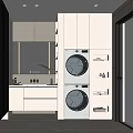 Modern Bathroom Interior With Stacked Washing Machine Dryer Storage Cabinets Mirror And Vanity