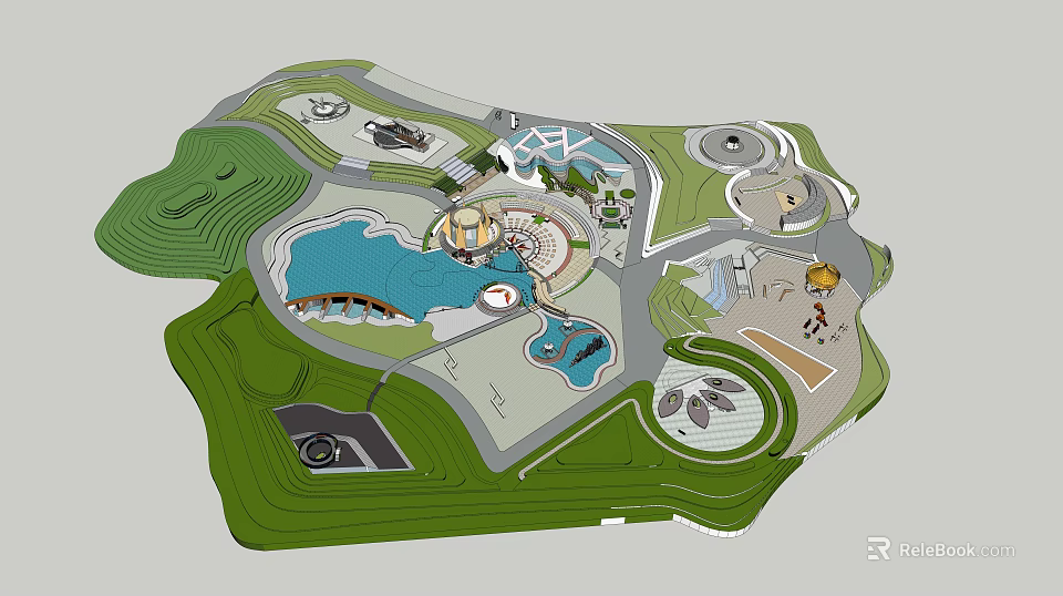 Beautiful Park Landscape Design With Central Lake Wooden Bridge Curved Walkways And Lush Greenery 3d model 