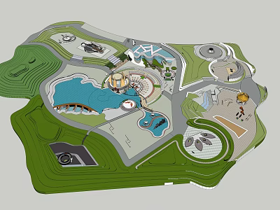 Beautiful Park Landscape Design With Central Lake Wooden Bridge Curved Walkways And Lush Greenery 3d model