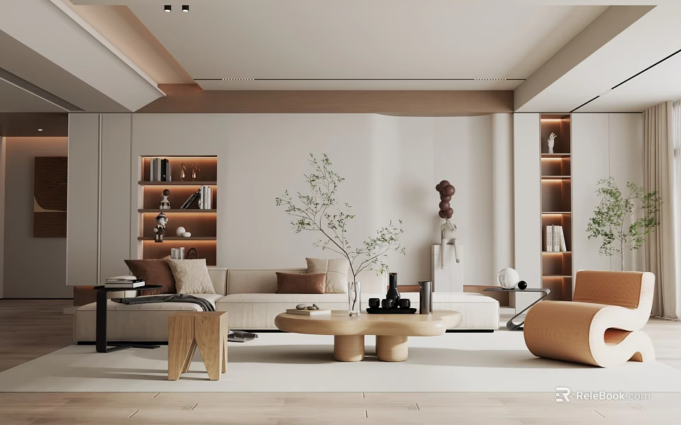 Modern Living Room Interior With Beige Sofa Wooden Coffee Table Bookshelves Green Plant And Decorations 3d model 