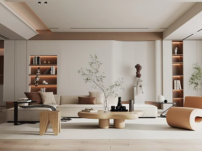 Modern Living Room Interior With Beige Sofa Wooden Coffee Table Bookshelves Green Plant And Decorations 3d model