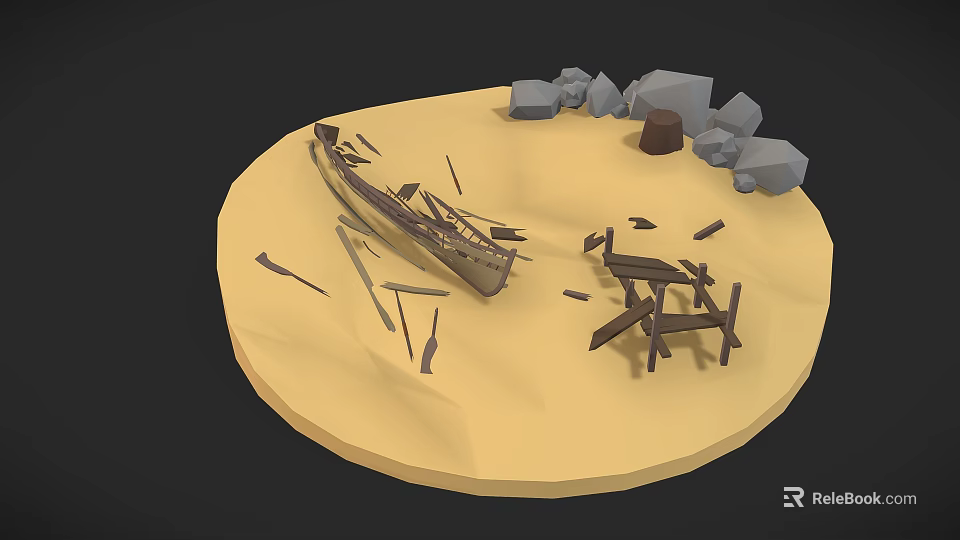 Old Shipwreck In Desert Landscape With Sandy Terrain Scattered Wooden Debris And Rocks 3d model 