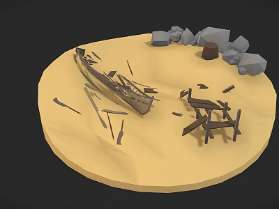 Old Shipwreck In Desert Landscape With Sandy Terrain Scattered Wooden Debris And Rocks 3d model