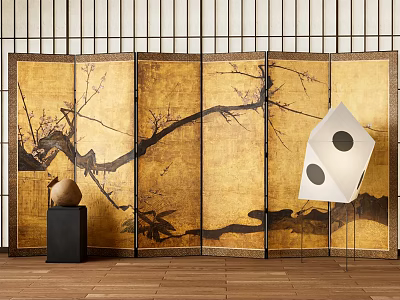 Golden Screen With Plum Blossom Branches Design Black Pedestal Clay Vase And White Geometric Lamp 3d model
