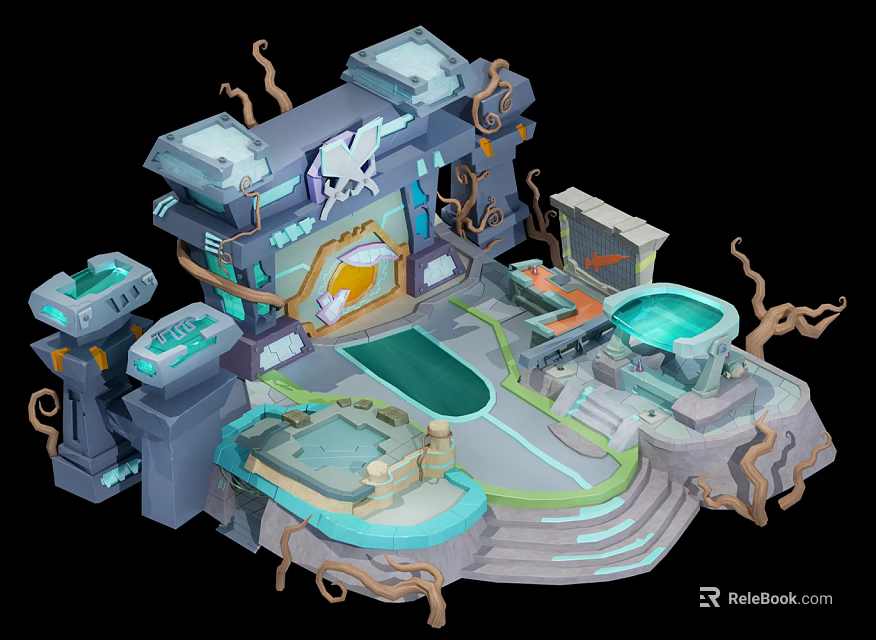 Cartoon Scene With Mechanical Structures Glowing Green Path Blue Pool And Vine Like Structures 3d model