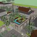 Scenic Clubhouse Featuring Modern Buildings Water Ponds Lush Palm Trees and Courtyard