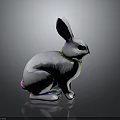 Cute White Rabbit Plush Toy With Pink Ears Green Collar Sitting On Black Reflective Background