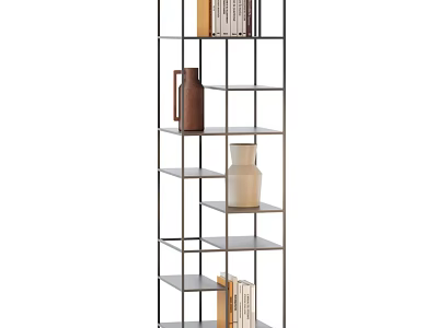 Modern Minimalist Shelving Unit With Metal Frame And Wooden Shelves Holding Vases And Books 3d model