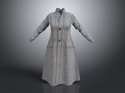 Long Gray Wool Coat With Stand Collar Brown Buttons And Side Pockets 3d model
