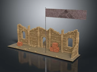 Stone Wood Architectural Ruins Model With Arched Openings Red Geometric Objects And Flag 3d model